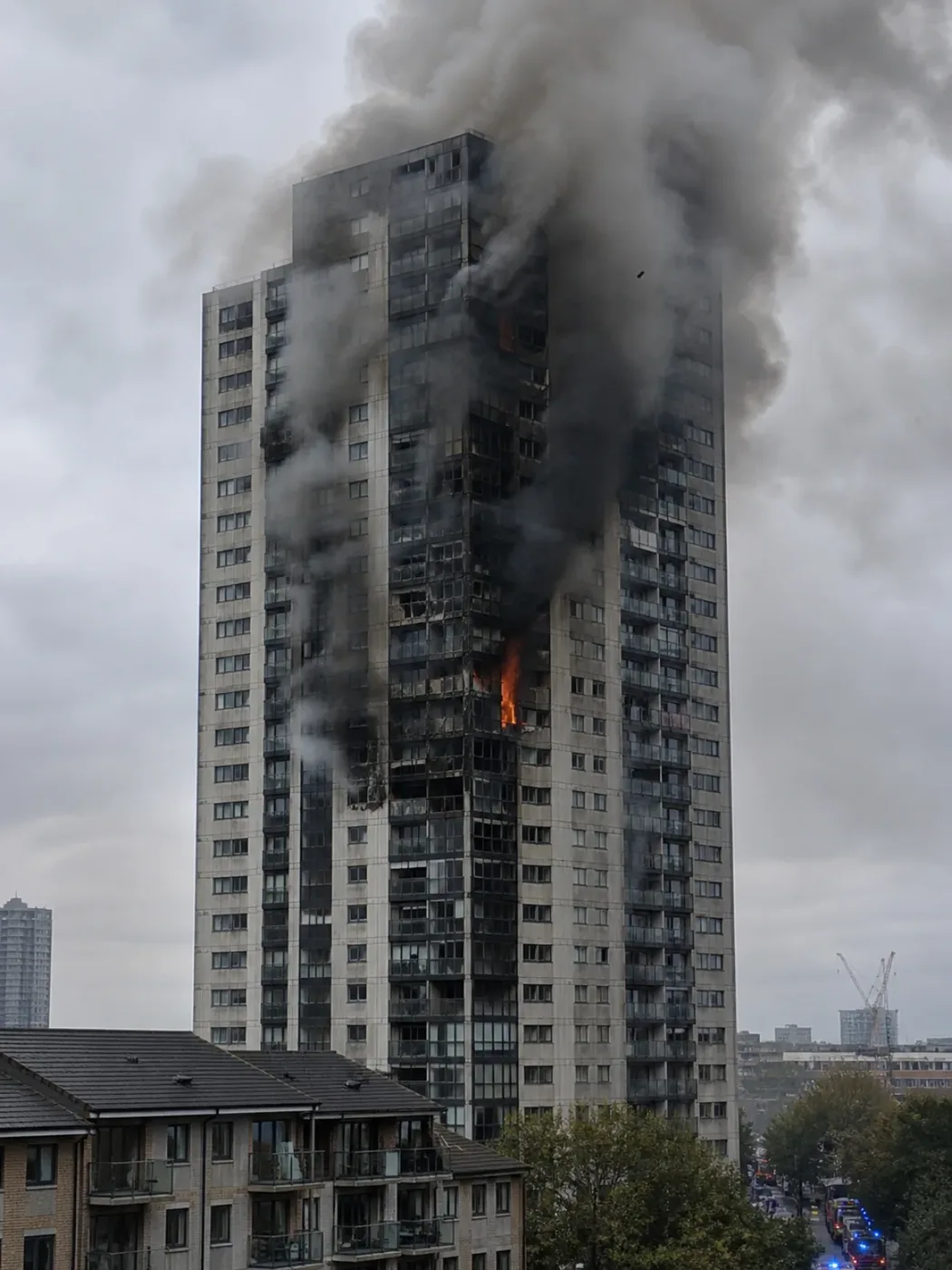 Smoke billowing from a high-rise residential tower with flames visible in upper-floor windows